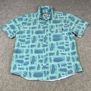 Huk Fishing Shirt Mens XL Teal Blue Fish Print Short Sleeve Stretch Button Down